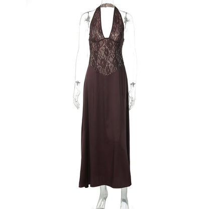 Backless Lace-Trimmed Deep V Neck Dress