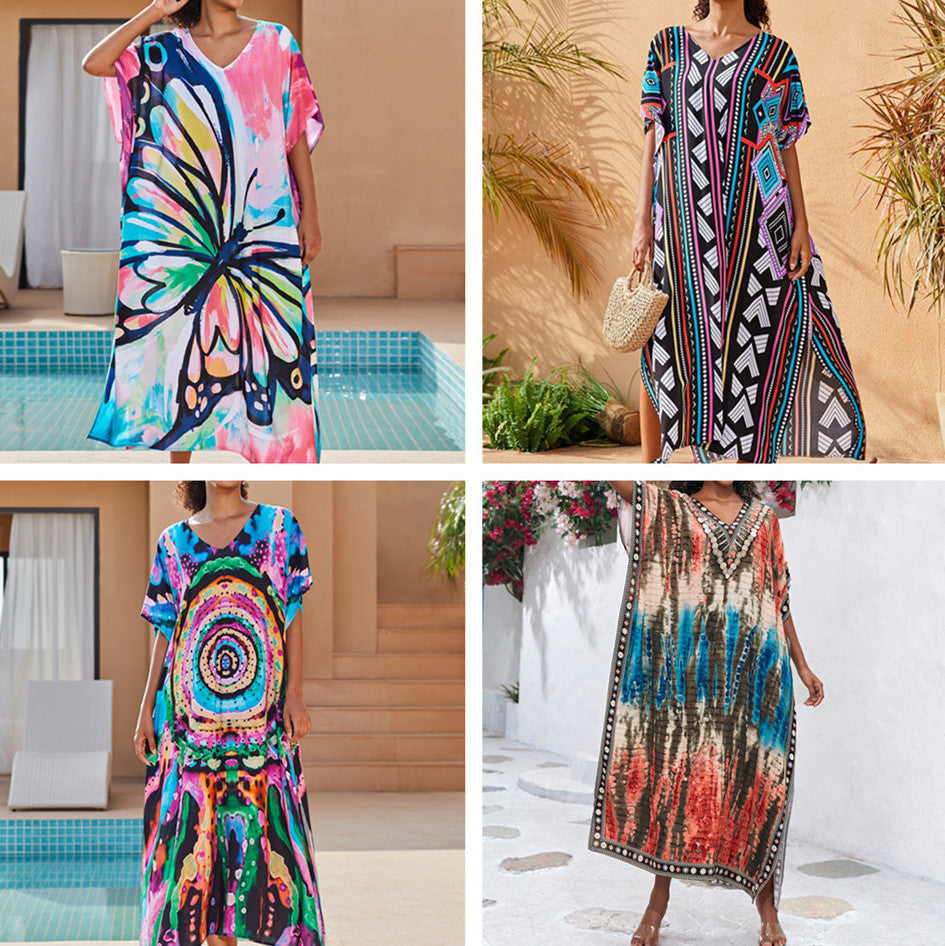 Cotton Watermark Printed Beach Blouses Robe-Style Holiday Sunscreen Blouses Bikini Blouses