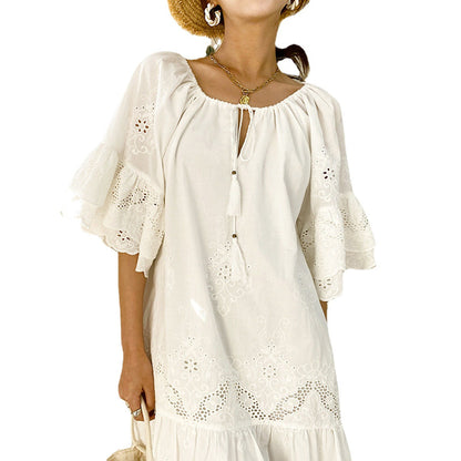 White Lace Midi Dress Elegant Casual Cotton Summer Dress