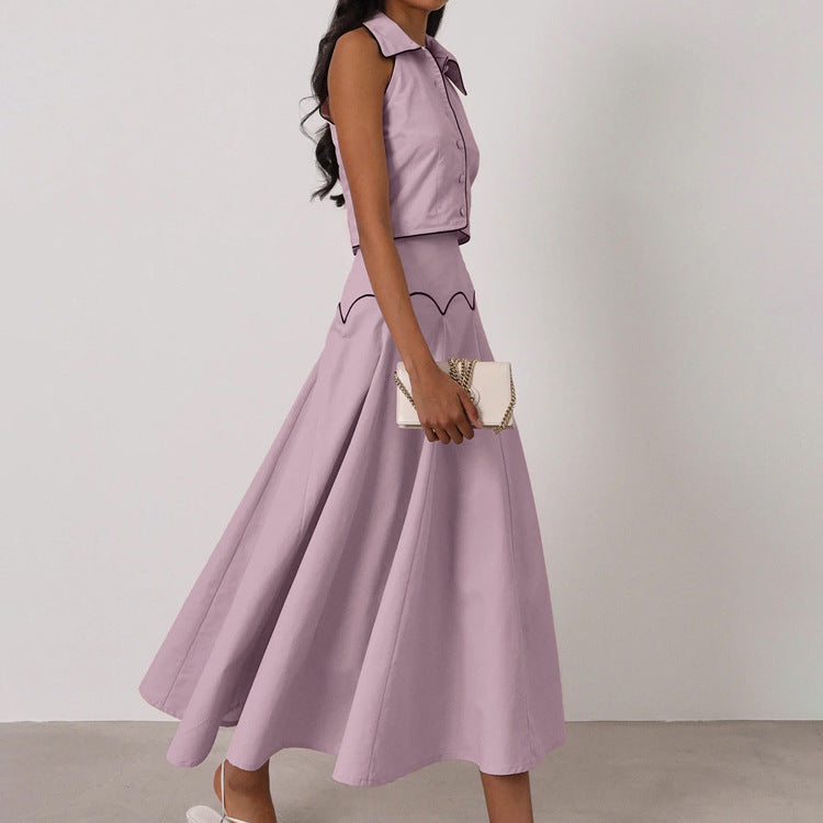 Elegant French-Inspired Sleeveless Cardigan and Long Skirt Set