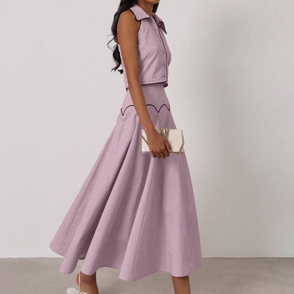 Elegant French-Inspired Sleeveless Cardigan and Long Skirt Set