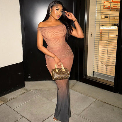 Elegant Color-Blocked Strapless Midi Dress With High Waist