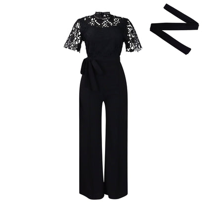 Sexy Lace Trim Halter Jumpsuit Elegant Wide-Leg Pants