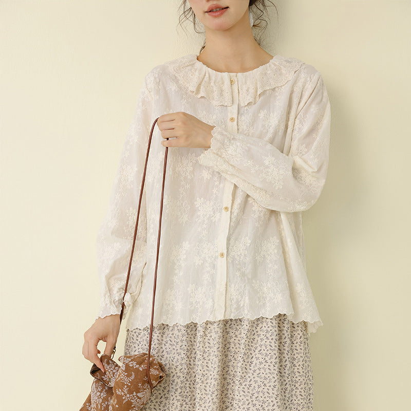 Fresh Lace Doll Collar Cotton Shirt Embroidered Casual Top