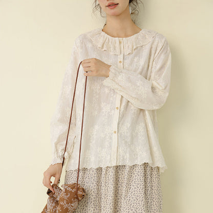 Fresh Lace Doll Collar Cotton Shirt Embroidered Casual Top