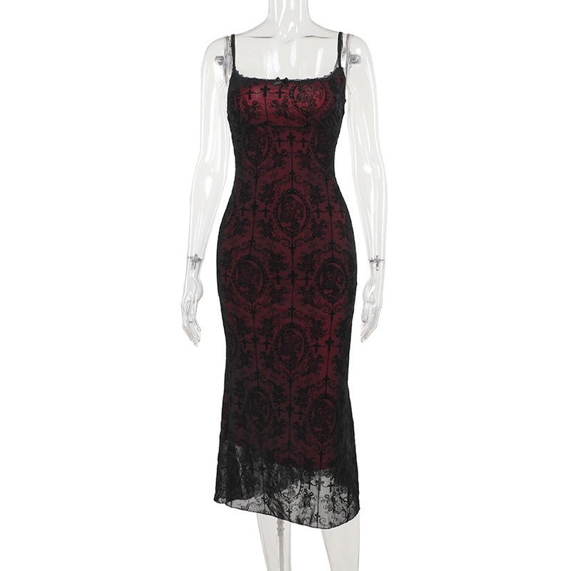 Vintage Gothic Halter Top Dress with Floral Print