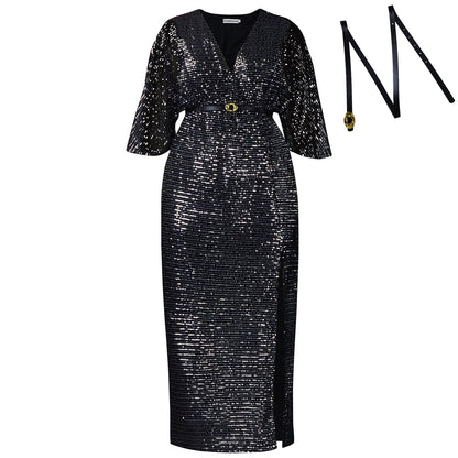 V-Neck Sequin Maxi Dress With Belt For Elegant Occasions