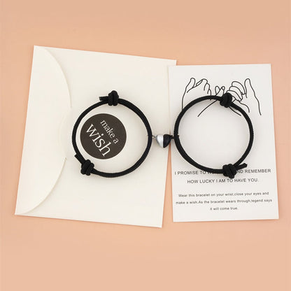 Fashionable Black And White Heart-Shaped Magnetic Buckle Milan Rope Braided Couples Girlfriends Bracelet Adjustable Bracelet