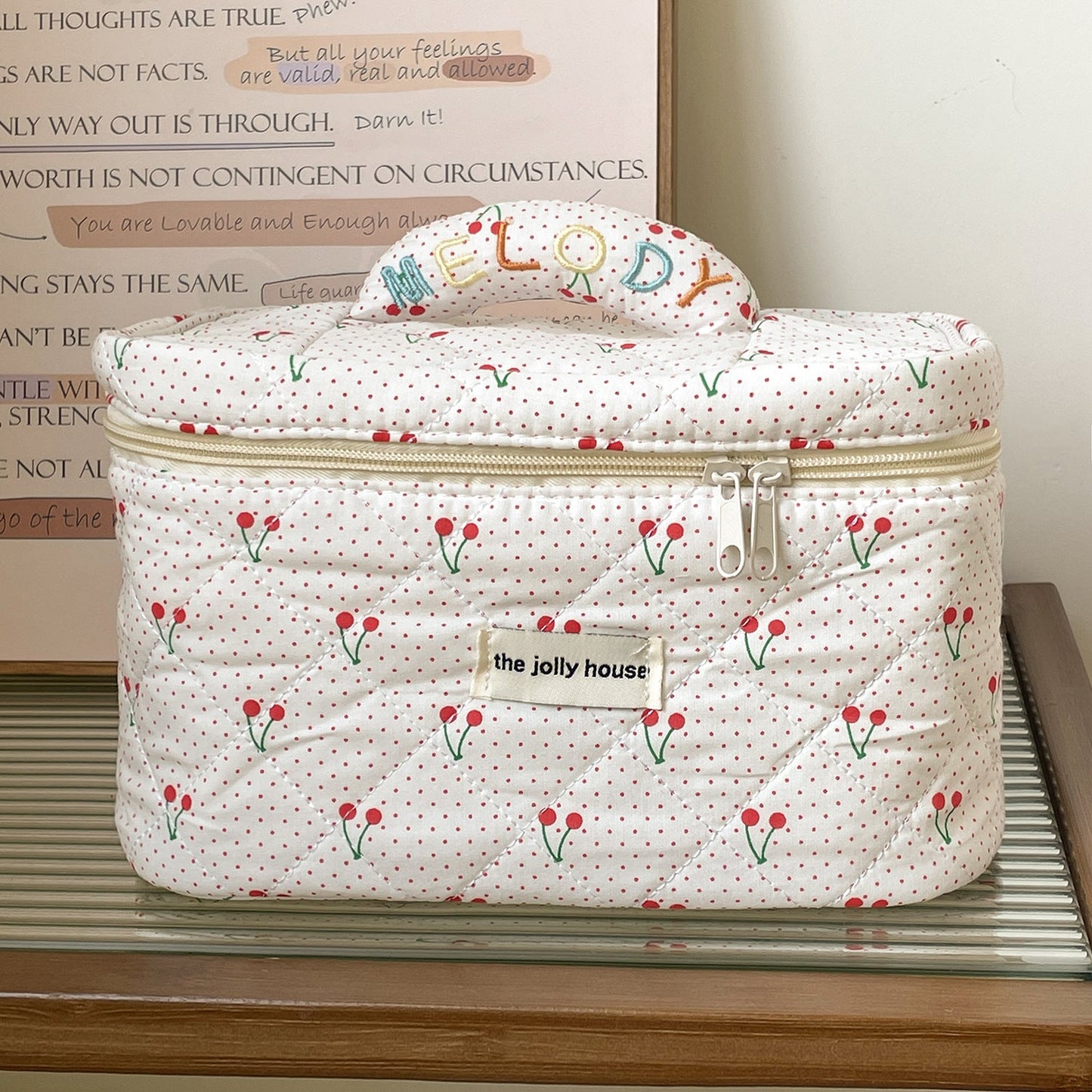Cute Polka Dots Cherry Print Travel Makeup Bag