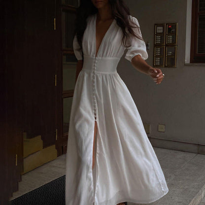 Elegant Puff Sleeve Fitted Maxi Dress with Slit