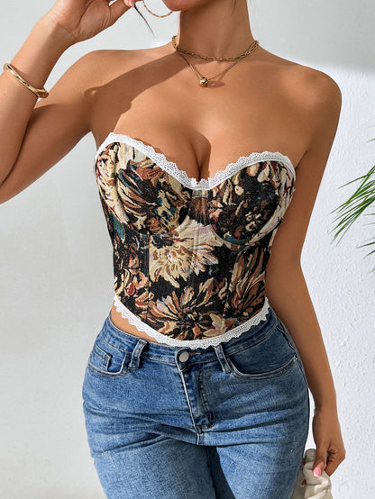 Sexy Floral Bustier Top Backless Vintage Tank Top