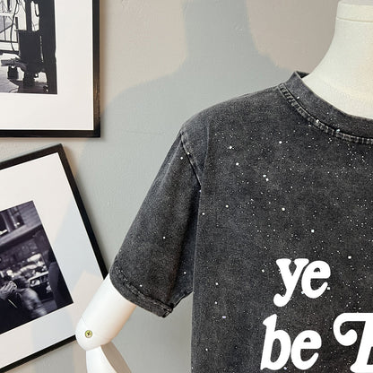 Teesher - Cropped Black Star &amp; Letter Print T-Shirt