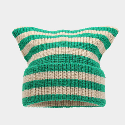 Winter Beanie Striped Color Contrast Warm Knit Hat