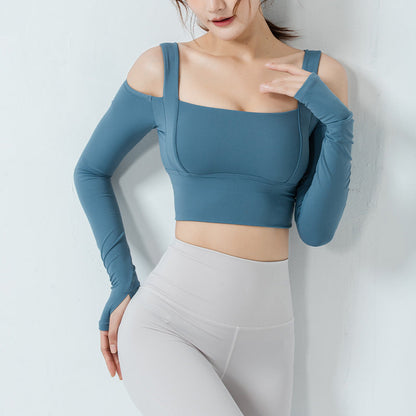 Tight All-In-One Yoga Suit Long-Sleeved Off-The-Shoulder Sports Top Women'S Gym Running T-Shirt