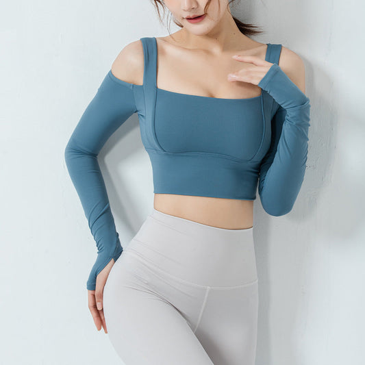 Tight All-In-One Yoga Suit Long-Sleeved Off-The-Shoulder Sports Top Women'S Gym Running T-Shirt