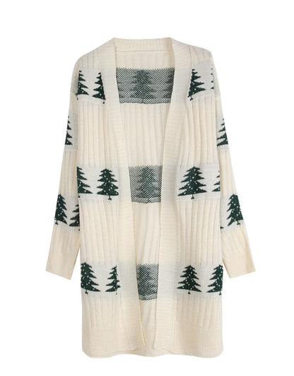 Trendy Embroidery Christmas Tree Knit Long Cardigan