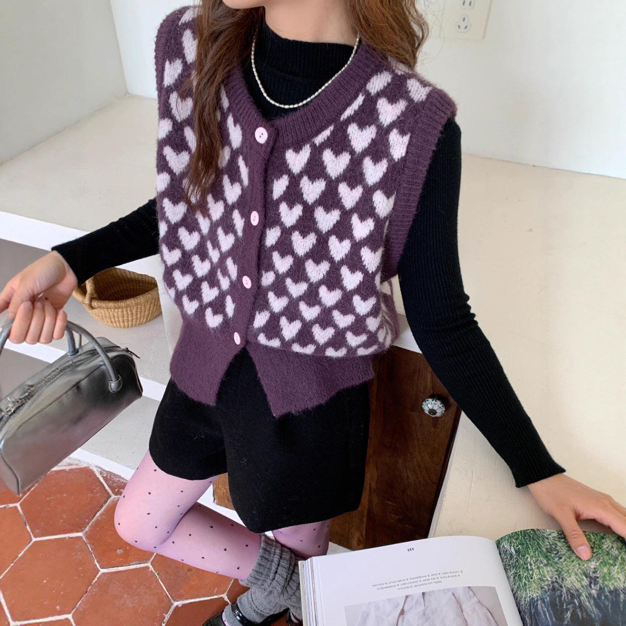 Heart Pattern Knitted Sleeveless Vest Casual Layering Sweater