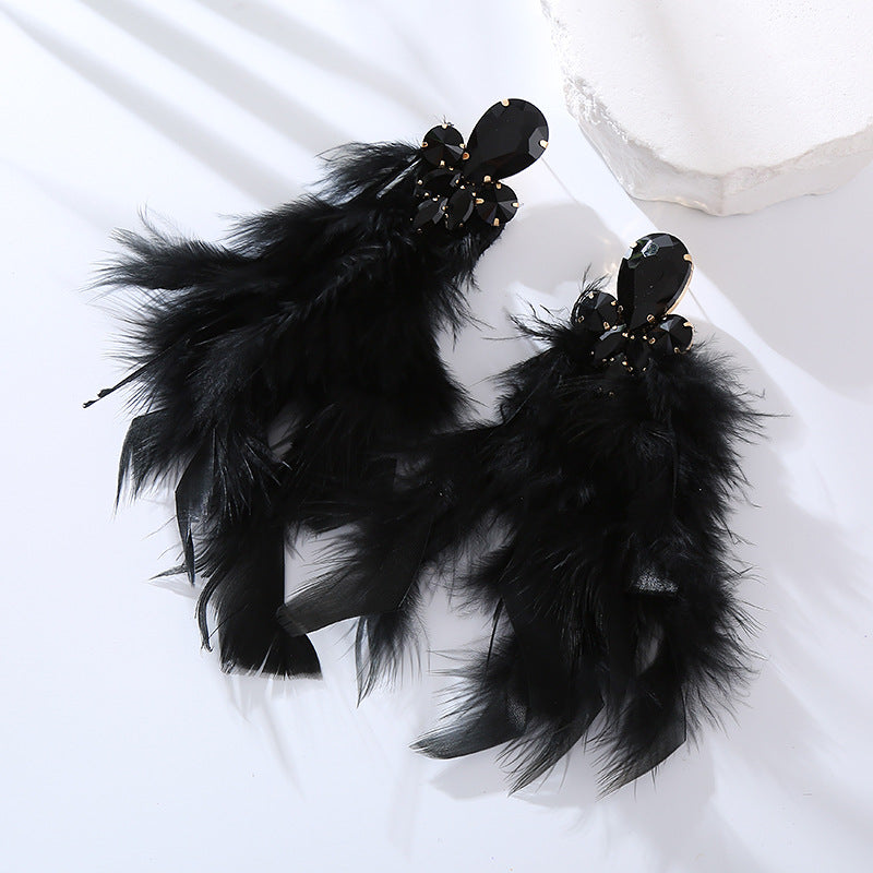 Feather Long Earrings with Rhinestones Stylish Geometry Design