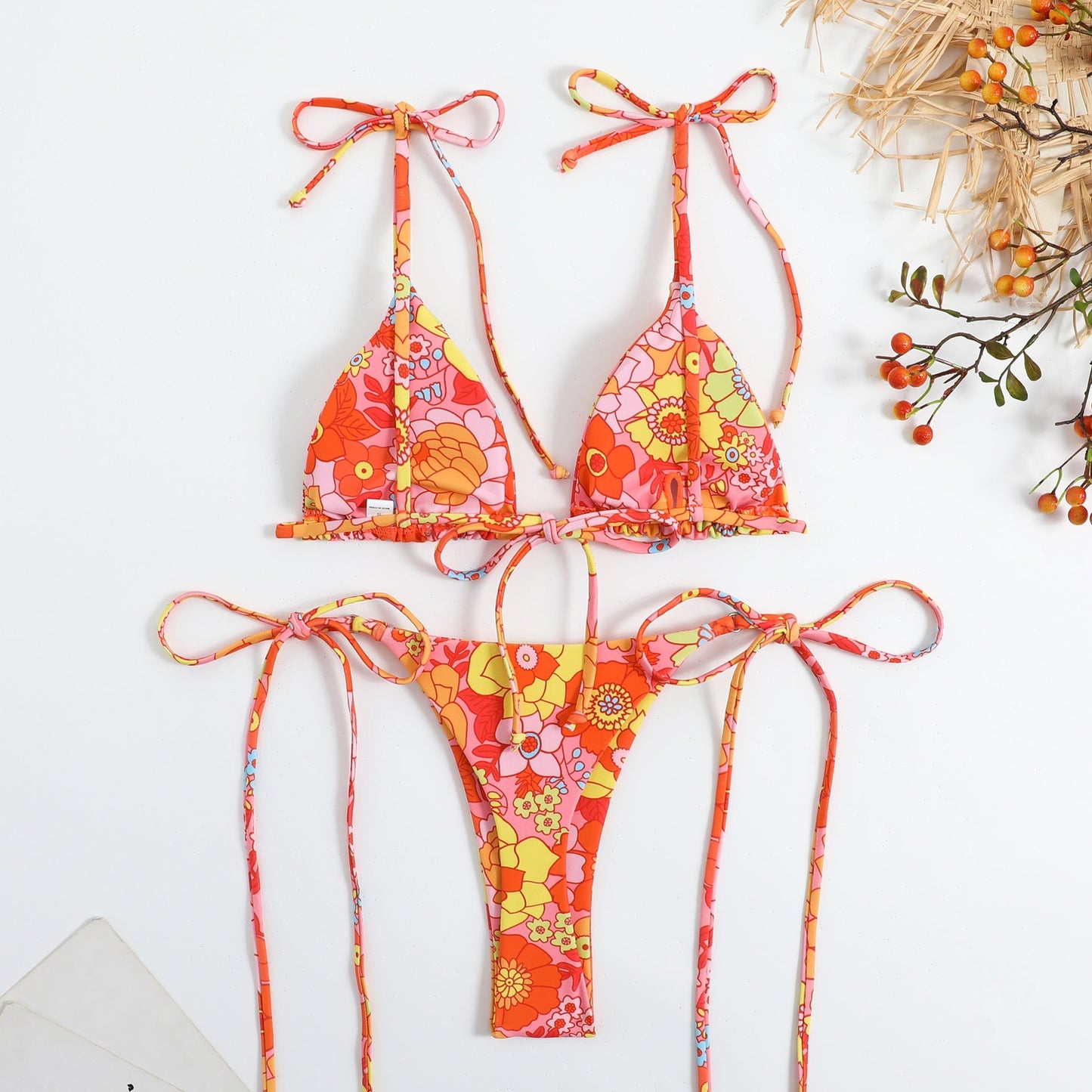 Print String Tie Backless Spaghetti Swimwear