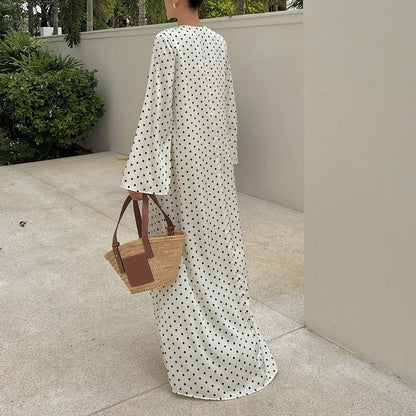 French Bow V-Neck Long Sleeve Dress Elegant Polka Dot Maxi Dress