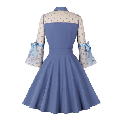 Retro Lace Panel Midi Dress with Polo Collar and Flared Sleeves