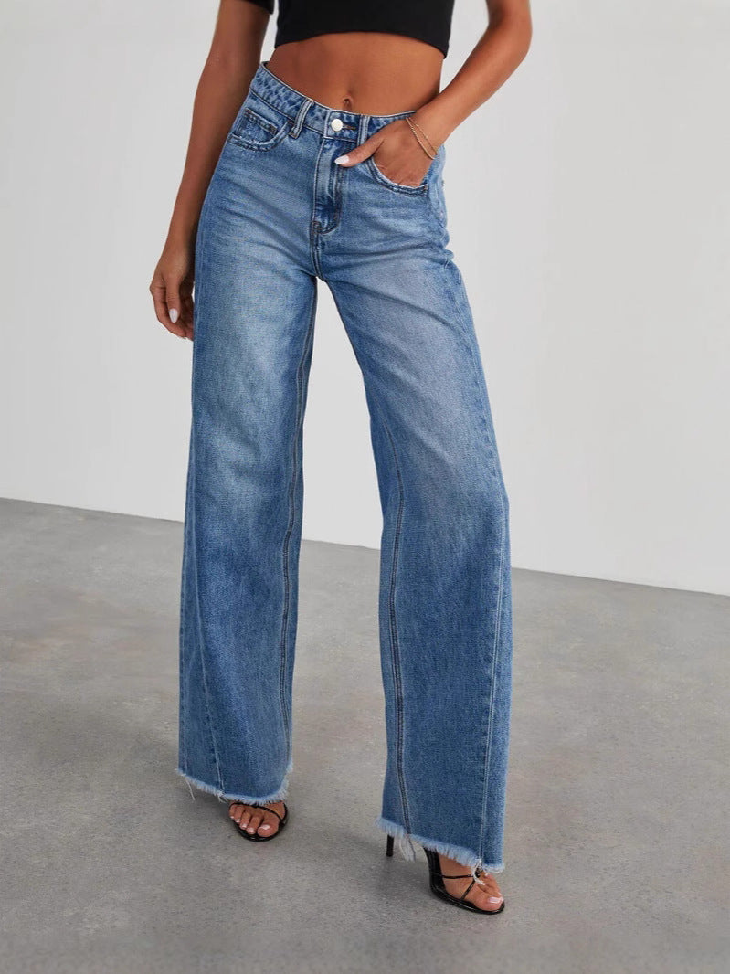 Loose-Fit Wide Leg Denim Pants with Contrast Stitching