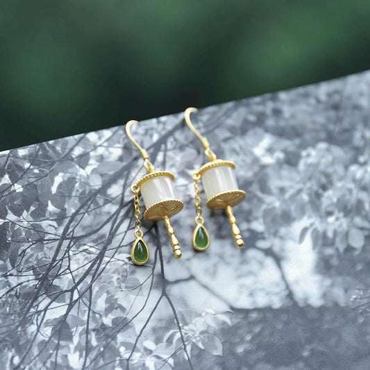 Prayer Wheel Earrings Silver Tassel Jasper Earrings Earrings Ethnic Style