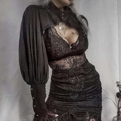 Short Black Lace Trim High Neck Top