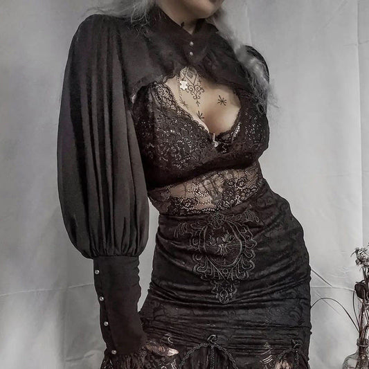 Short Black Lace Trim High Neck Top