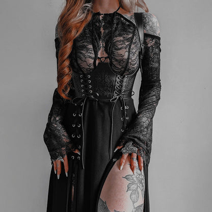 Sheer Lace-Up Top with Bell Sleeves for Trendy Style