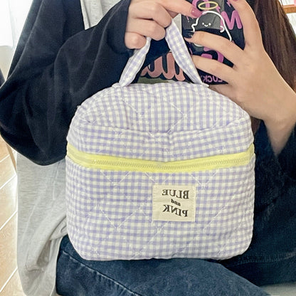 Berry Check Quilted Makeup Bag Large Capacity Cotton Cosmetic Organizer