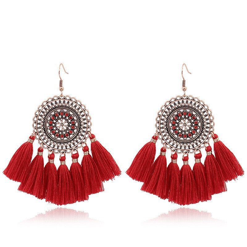 Red Geometric Tassel Earrings Bohemian Style