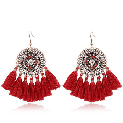 Red Geometric Tassel Earrings Bohemian Style