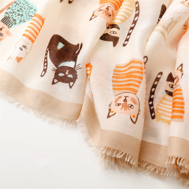 Spring And Autumn Sunscreen Cute Cat Paradise Printed Silk Scarf Satin Cotton Long Scarf