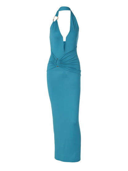Sleek V-Neck Bodycon Maxi Dress with Ruching