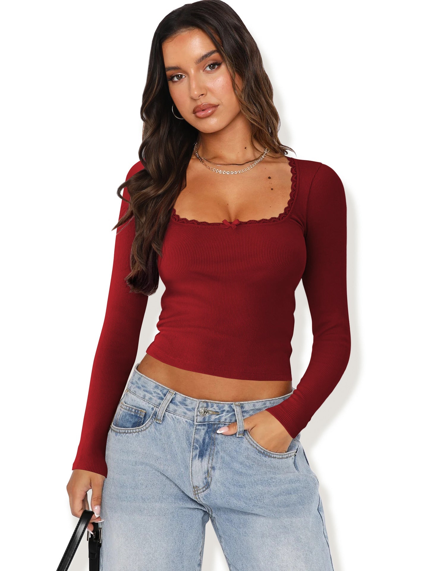 Women’s Long Sleeve Lace Trim U-Neck T-Shirt