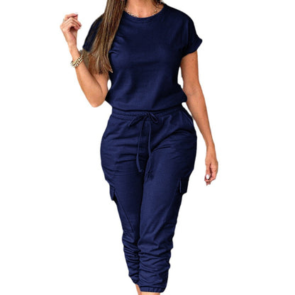Women's Casual Short Sleeve Jumpsuit with Drawstring Pants