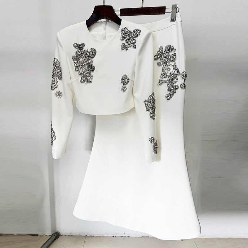 New Trendy Beaded Crop Top & Long Skirt Set