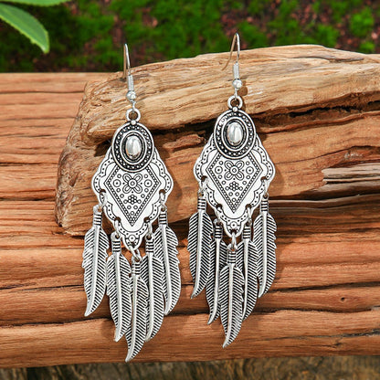 Bohemian Vintage Leaf Shaped Beaded Tassel Earrings with Turquoise