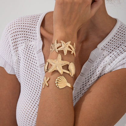 Starfish and Seashell Open Bangle Bracelet for Women