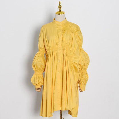 Loose Personality Fashion Pleated Stand Collar Lantern Sleeve Solid Color Irregular Dress
