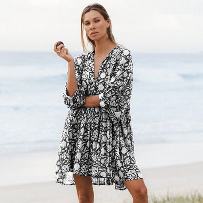 Floral Print Casual Dress with Tie Waist and Half Placket