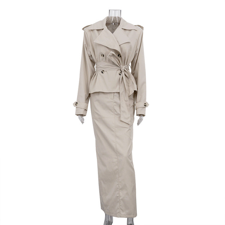 Chic Two-Piece Midi Skirt and Long Sleeve Trench Coat Set