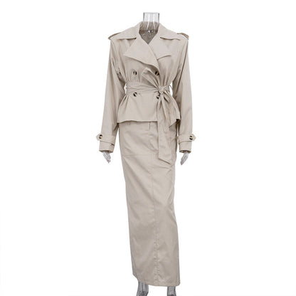Chic Two-Piece Midi Skirt and Long Sleeve Trench Coat Set