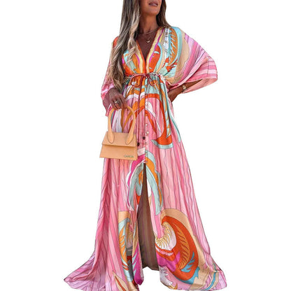 Elegant Floral Maxi Dress with Bow Tie Detail