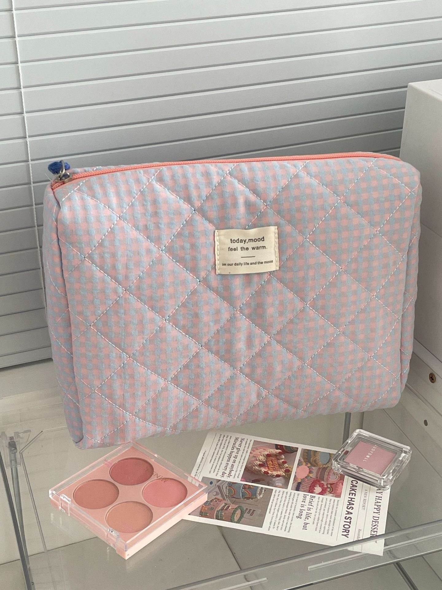 Color Block Plaid Makeup Bag Stylish Quilted Storage Organizer