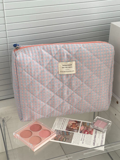 Color Block Plaid Makeup Bag Stylish Quilted Storage Organizer