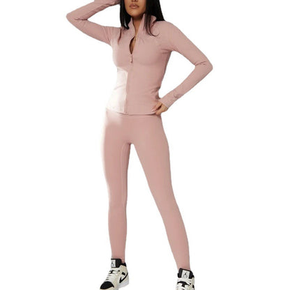 Solid Color Zip-Up Athletic Jacket With Long Pants Set