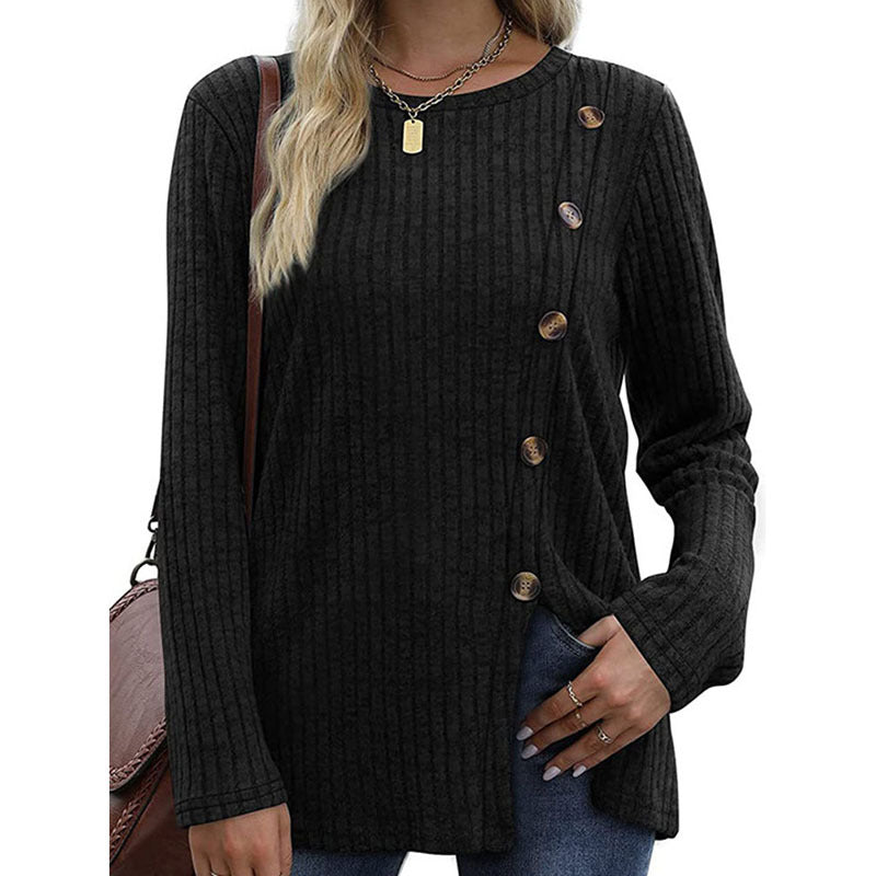 Button Up T-Shirt For Women'S New Fashion Autumn Casual Solid Color Long Sleeved T-Shirt For Women