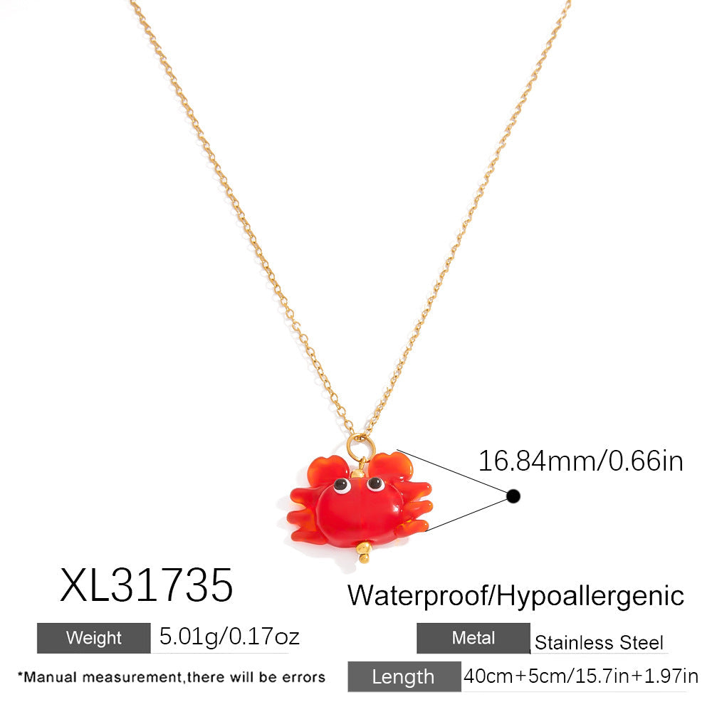 Ocean Series Crab Glass Pendant Necklace 18K Gold Plated